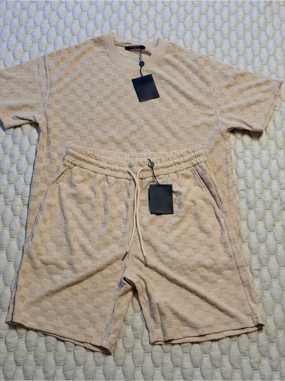 Louis Vuitton Beige Checker Knit Drawstring Men's Short Set XL
